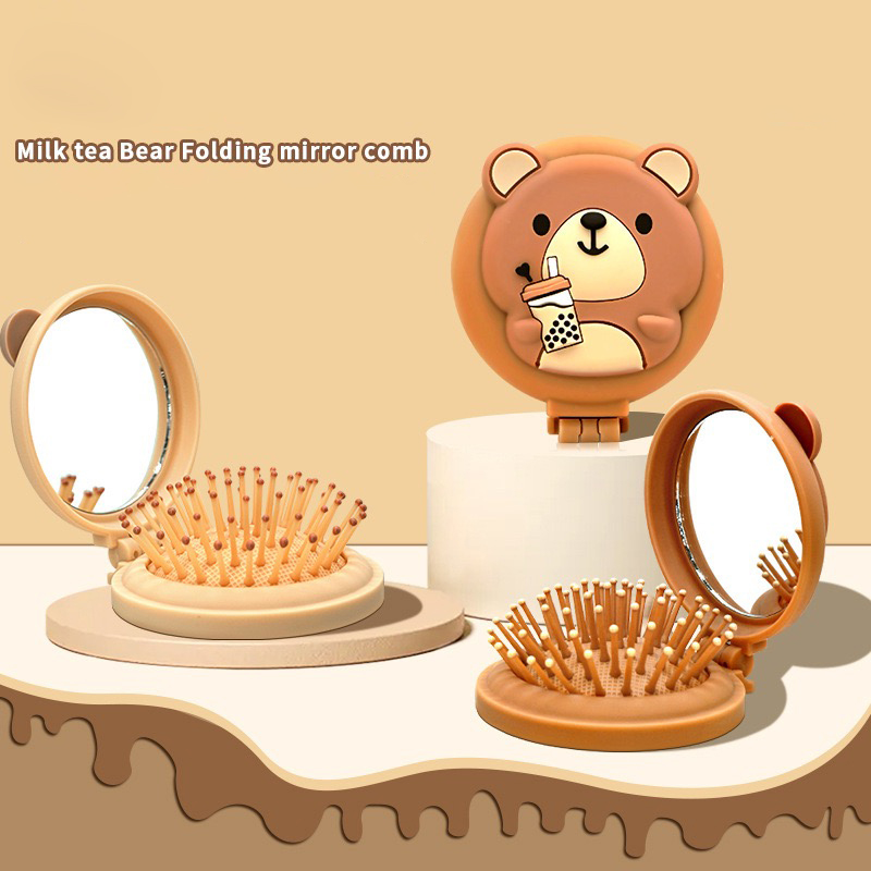 Складная расческа круглая с зеркалом /MilkTea BEAR